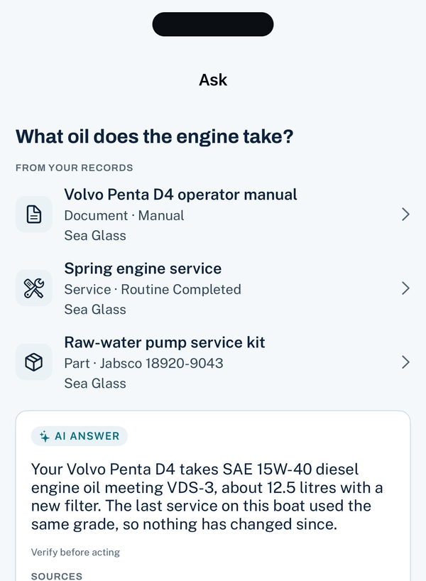 VesselTwin Ask screen answering what oil a sample boat’s Volvo Penta D4 takes, citing the operator manual page