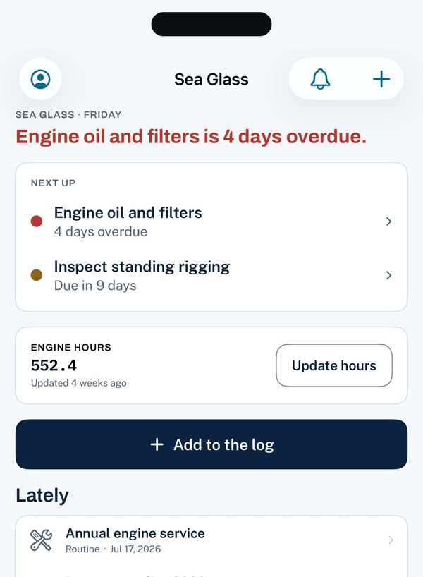 VesselTwin Today screen for a sample boat: engine oil and filters four days overdue, standing rigging due in nine days, 552.4 engine hours